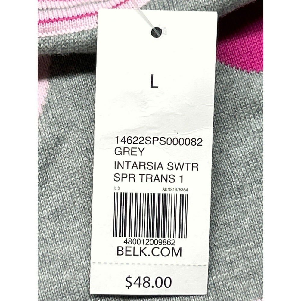 Kim Rogers Intarsia Sweater Womens Size L Gray Pink Hearts Cotton Round Neck New - Picture 7 of 9